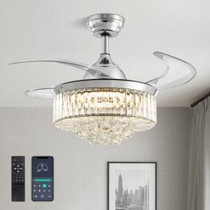 36" Fandelier, Crystal Ceiling Fan with Lights and Remote, Invisible Retractable Dimmable Chandelier Fan, 6-Speed Reversible Timer Ceiling Fan Light Kit for Bedroom Living Room Dining Room-Chrome