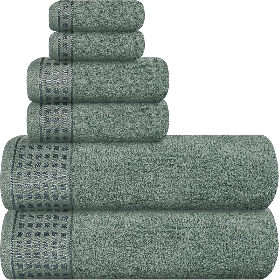 GLAMBURG 100% Cotton Ultra Soft 6 Pack Towel Set, Contains 2 Bath Towels 28x55 Inches, 2 Hand Towels 16x24 Inches & 2 Wash Coths 12x12 Inches, Compact Absorbent Lightweight & Quickdry - Jade