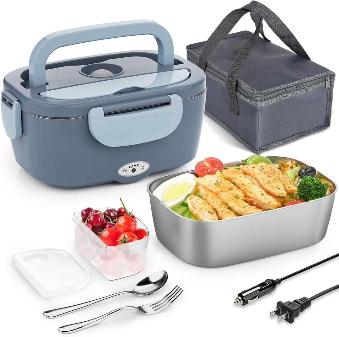 Carsolt Electric Lunch Box Food Heater - 3 in 1 Portable Leakproof Heated Lunch Box for Car/Home/Adults with 1.5L Removable 304 Stainless Steel Container, 60-80W, 12V/24V/110V (Blue)