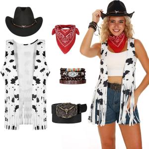 GERVAISE Womens Western Cowgirl Costume 70s Hippie Tassels Fringe Vest outfit Hat 5pcs (X-Large, Multicolor)