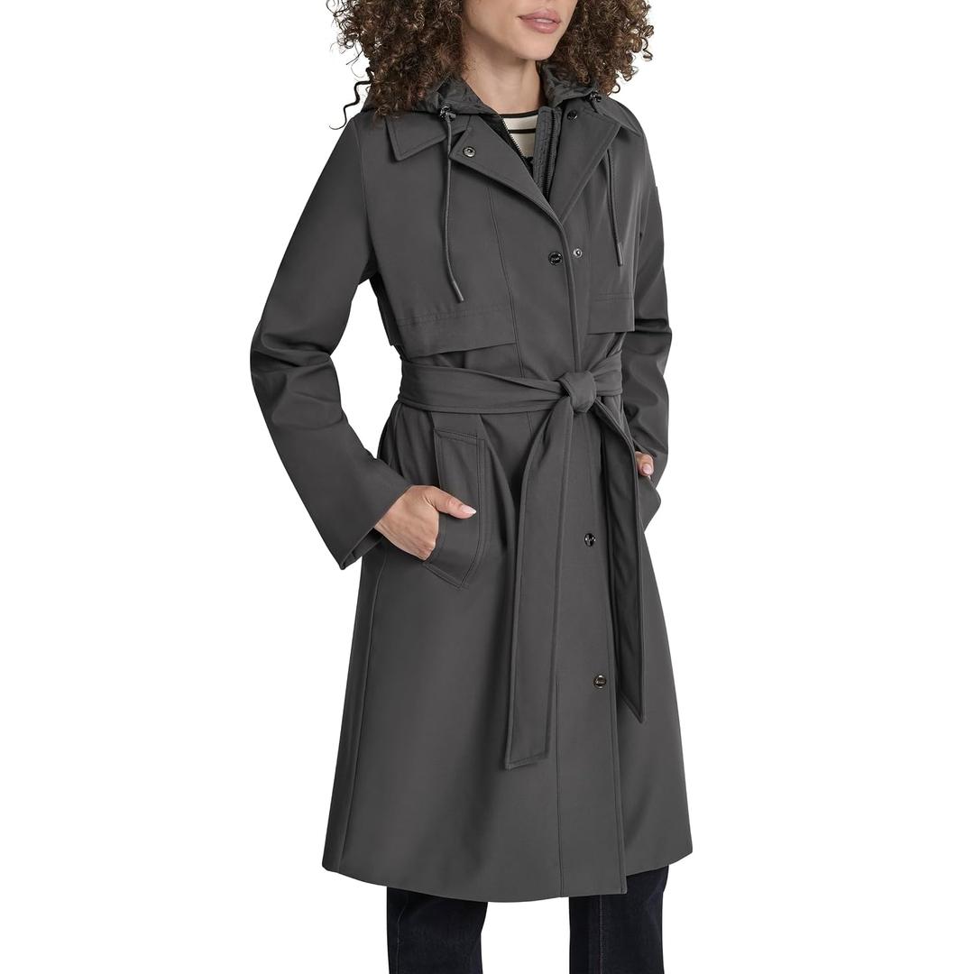 DKNY Women's Belted Trench Coat With Hood – Lightweight Water-resistant Long Jacket (EXP 02/26/26) Medium