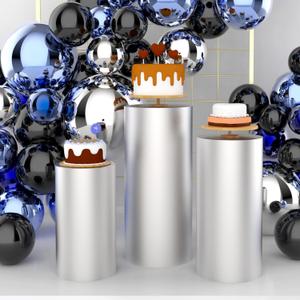 Babenest Sliver Cylinder Pedestal Stand Covers Set of 3, Spandex Vintage Fitted Round Pedestal Covers, Elastic Cloth Pillar Plinth Cover for Birthday Wedding Party Reception Decoration(Without Stands)