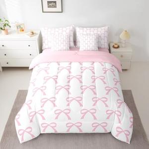 Feelyou Pink Bowknot Bed Set Cute Bow 7 Pieces Bedding Set, Boys Girls Teens Room Decor Dreamy Princess Style All Season,Bed in a Bag with Comforter, Sheets, Pillowcases Twin Size Watercolor Bow