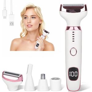 Electric Razor for Women Men,4 in 1 Painless Ladies Wet & Dry Body Razors and Facial Hair Remover,Rechargeable Led Display Hair Removal Kit for Nose Face Body Leg Bikini Arm Hair (White)