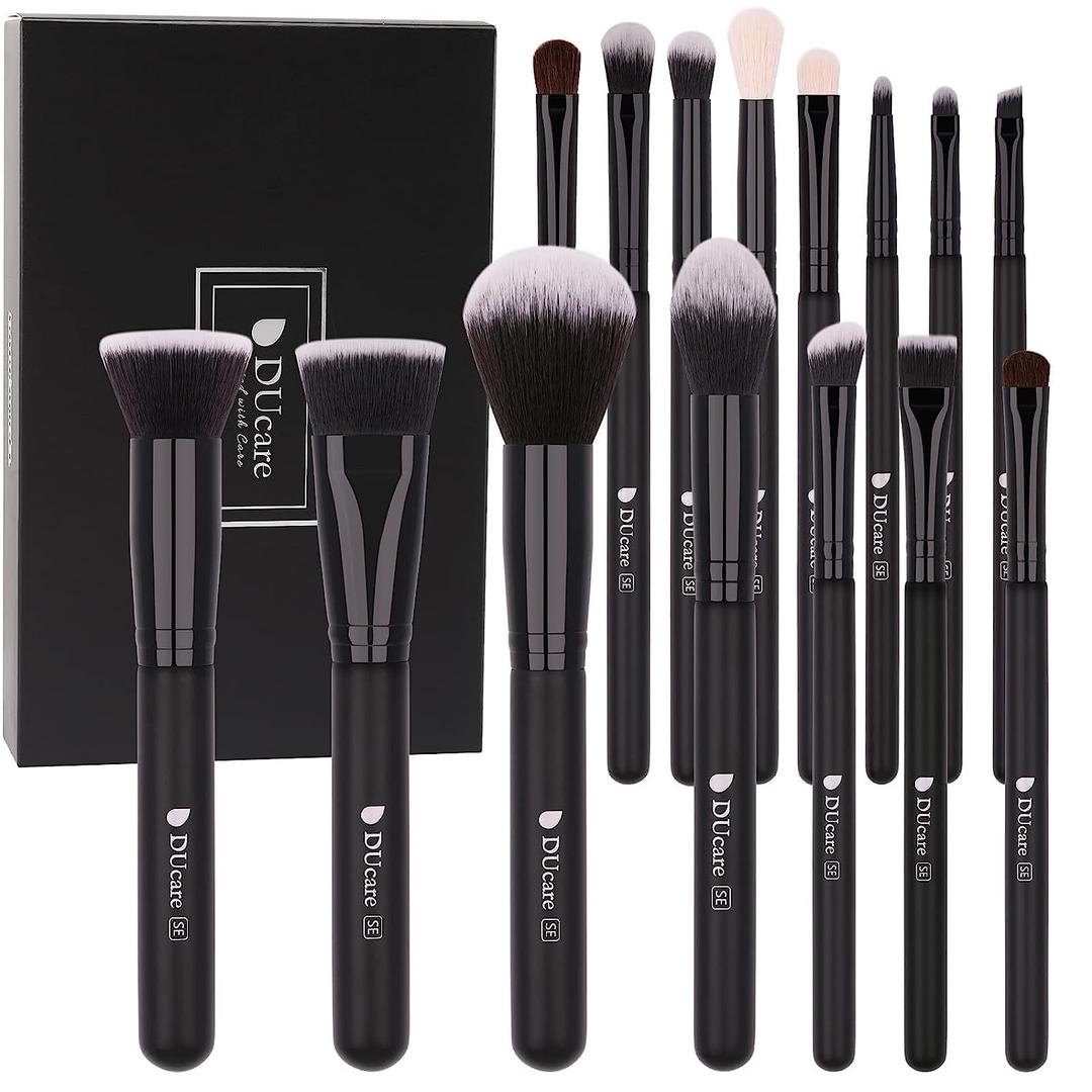 DUcare Makeup Brushes 15Pcs Premium Synthetic Kabuki Makeup Brush Set, Professional Foundation Concealers Powder Blush Blending Face Eye Shadows Black Brush Sets