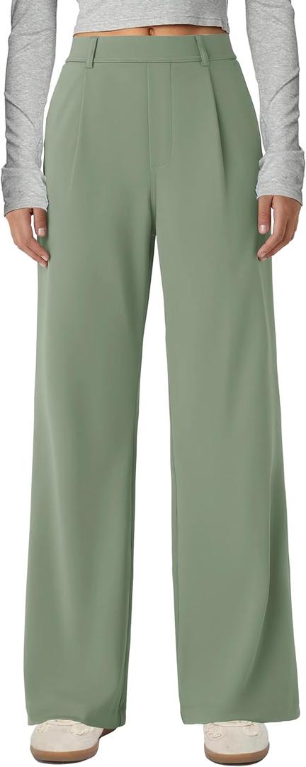 Gracyoga Wide Leg Pants for Women Stretchy Pull On Work Pants High Waisted Business Casual Trousers Slacks with Pockets (Green, XXL)
