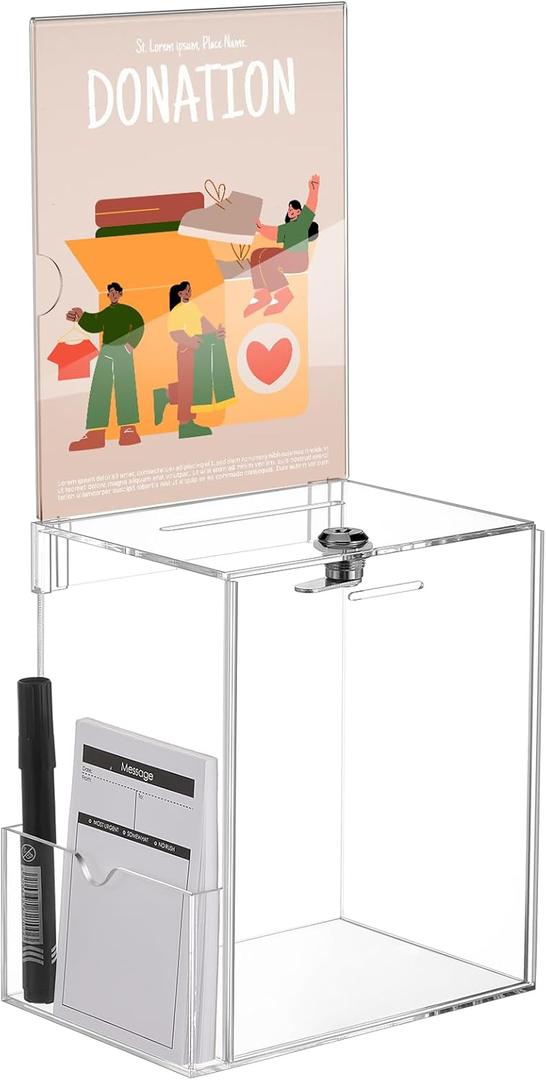 Teling Acrylic Suggestion Box with Card Pocket Safe Donation Box with Lock and Sign Plate for Voting, Charity, Suggestion Collection Supplies (Clear,7. 5 x 5 x 8 Inches) (Transparent)