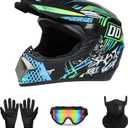 Youth Sport Full-Face Helmet for BMX, Mountain Bike & Off-Road Motocross Helmet, DOT Certified Motorcycle Helmet for Dirt Bike & ATV, Lightweight and Comfortable, 4-Piece Set (Large, Blue Moden)