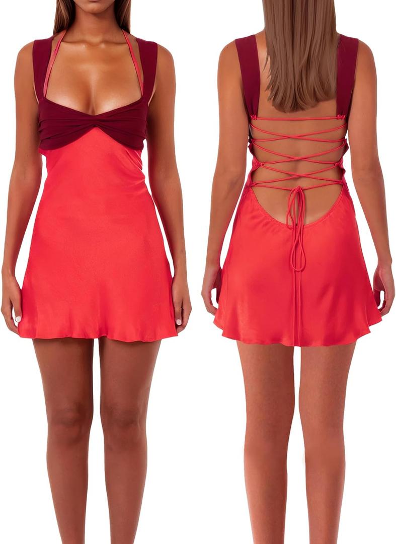 Womens Mini Dress Patchwork Sleeveless Strapless Lace Up High Waist A-line Elegant Party Clubwear Short Dress (Red, S)