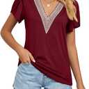 Cap Sleeve Summer Tops for Women Trendy Floral Print Casual V Neck T Shirts Petal Sleeve Blouses (Red, M)