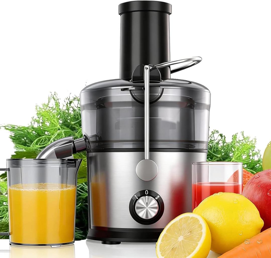 Juicer Machines, 1200W Centrifugal Juicer Extractor with 3" Feed Chute, Dual Speeds, Heavy Duty Full Copper Motor, 35oz Large Juice Jug, Stainless Steel, Silver