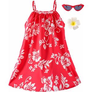 QRT Hawaiian Girls Red Dress CostumeSunglasses Flower Hair Clip,Princess Sundress Halloween Cosplay Beach Party Outfit (120)