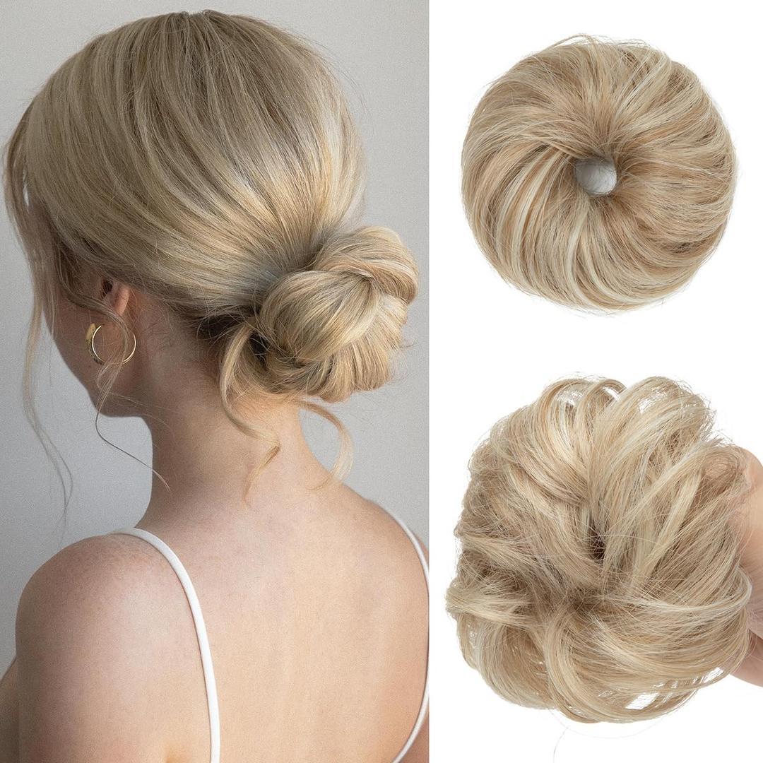 CJL HAIR 2PCs Small Cute Messy Bun Hair Piece for Thin Hair Women Mini Synthetic Curly Bun Scrunchies Updo Hairpieces Sunny Blonde