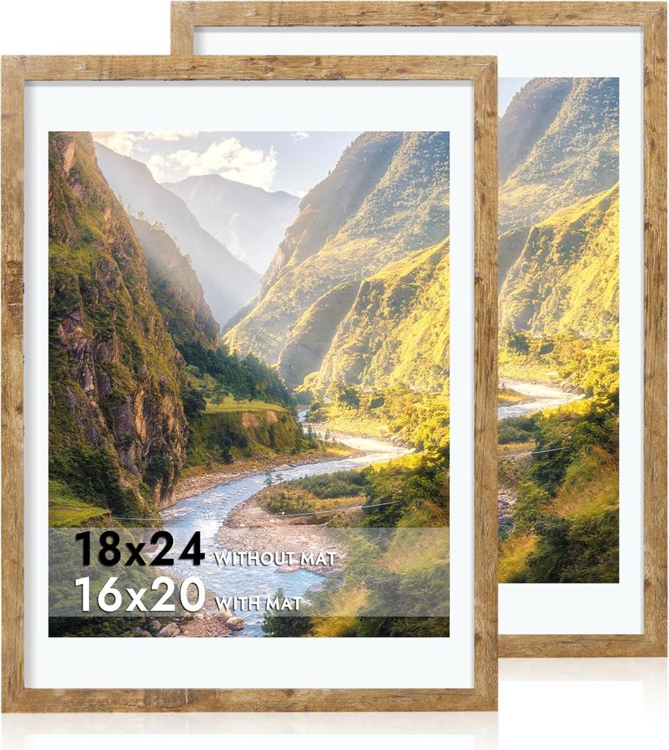 18x24 Picture Frame Set of 2 with Plexiglass, Display 16x20 Picture with Mat or 18 x 24 Without Mat, Rustic Brown Wood Poster Frame for Photo Wall Gallery Mounting Horizontal and Vertical