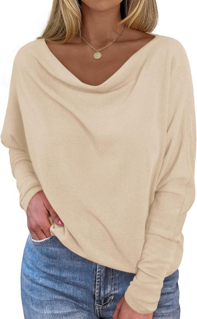Okiwam Women's Fall Tops Cowl Neck Long Batwing Sleeve Shirts Oversized Tunic Dressy Casual Blouses 2026 Fashion Clothes (Beige, S)