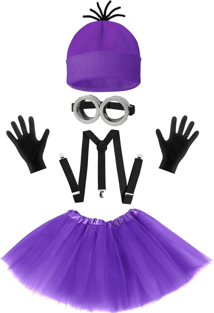 5 Pcs Halloween Costume Women Adults,Purple Beanie/Goggles/Tutu Skirt/Suspenders/Gloves Halloween Costume Accessories
