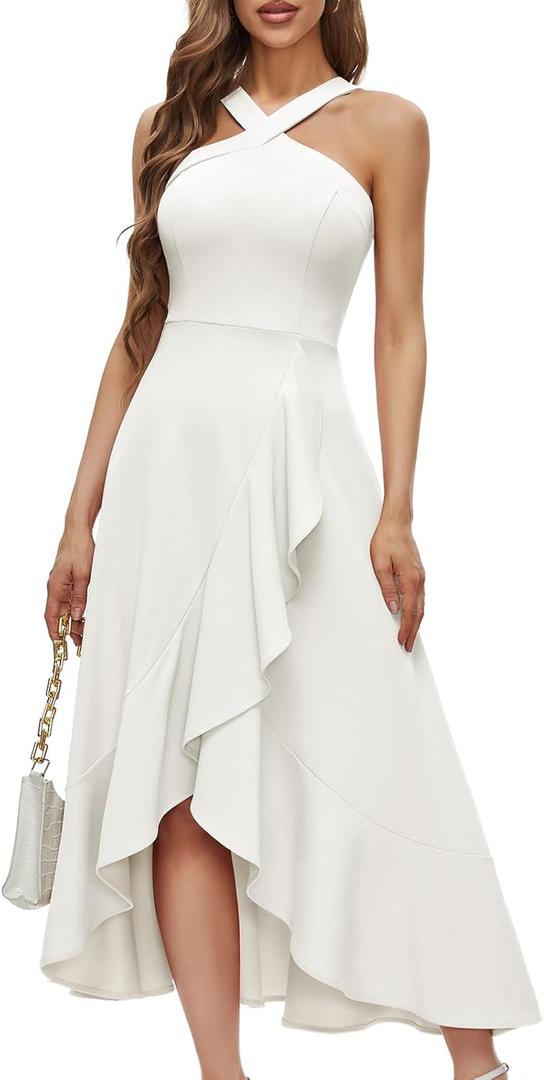 Bbonlinedress Women White Wedding Cocktail Halter Prom Dress Bride Bridal Shower Summer Beach Ruffled Maxi Hi-lo Dress White L