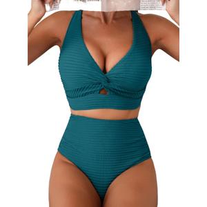 Herseas Women's Textured Bikini Sets Twist Front Top Swimsuits High Waisted Bathing Suits (Green, M)