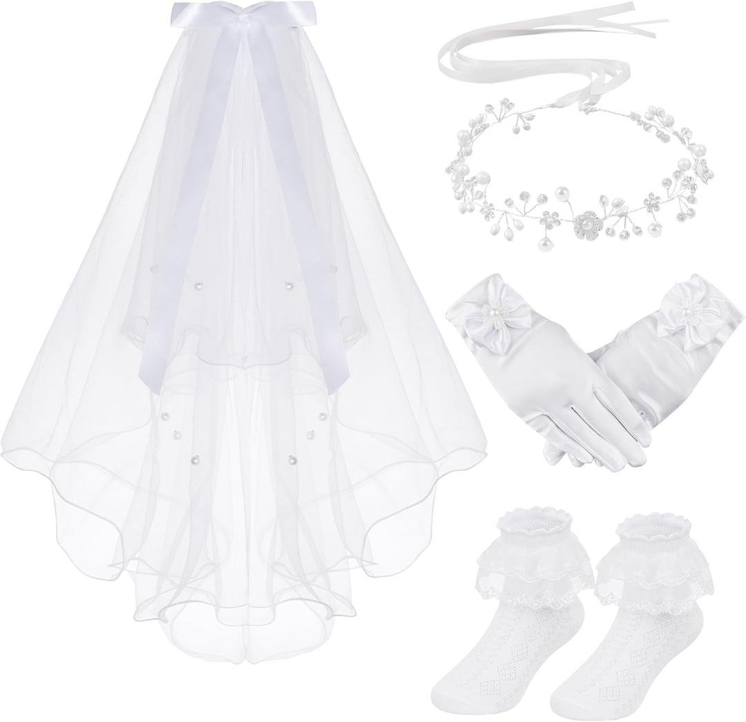 3 Pcs First Communion Veil Set Gloves Headpiece for Girls 1st Holy Communion Accessories for Wedding Party Costume (White)