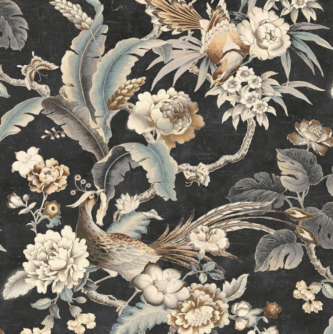 Surface Style - Peel and Stick Wallpaper, Floral Wallpaper for Bedroom, Powder Room, Kitchen, Self Adhesive, Vinyl, 30.75 Sq Ft Coverage (Passerine Pavilion Collection, Charcoal)