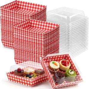 Potchen 50 Pack Red and White Checkered Charcuterie Boxes with Clear Lids, Red & White Buffalo Plaid Gift Boxes with Window for Pizza Party Decorations Wedding Bridal Baby Shower Picnic Buffet