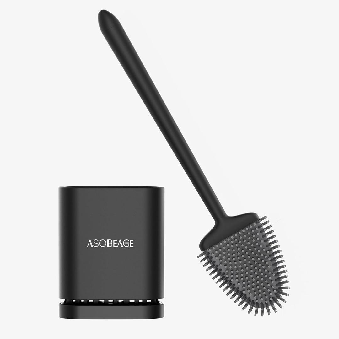 ASOBEAGE Deep Cleaner Toilet Brush: Silicone Toilet Brush with No-Slip Long Plastic Handle and Flexible Bristles, Quick Drying Holder Set for BathroomBlack