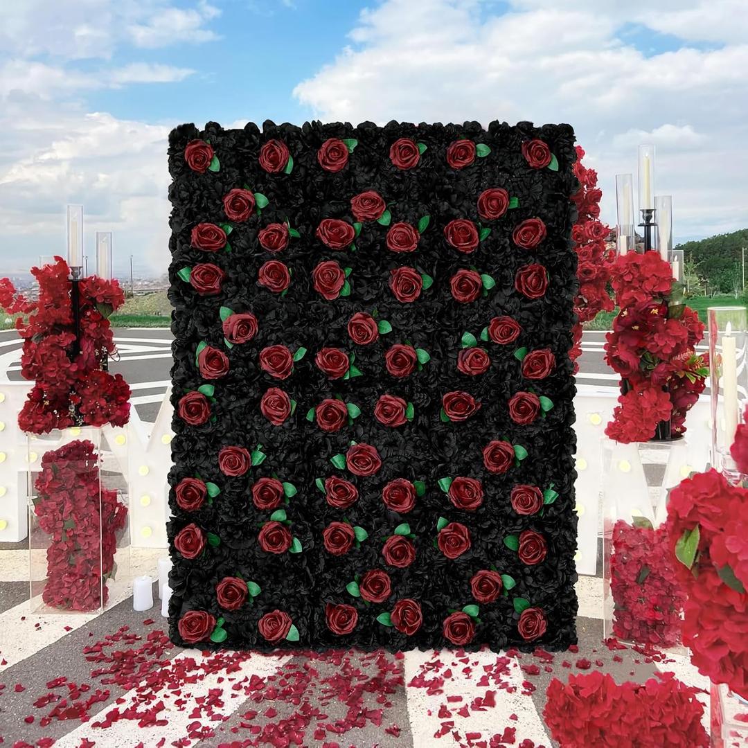 Wedding Flowers Wall Panel Black Red Artificial Flower Wall Backdrop 5ftx3.74ft 3D Rose Wall Background Floral Wall Decor for Halloween Party Photo Celebration Decor