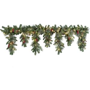 Haute Decor 6 Foot Christmas Pre-lit Holiday Swag for Fireplace Mantels with 100 Energy-Efficient Soft White LED Lights, Faux Berries, Real Pinecones and Built-in Timer (Cascading Mantle)