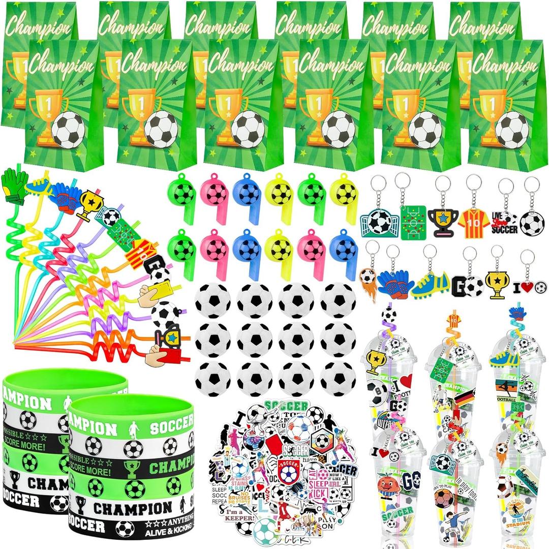 208Pcs Soccer Party Favors Party Supplies Contains Soccer Goodie Bags Cups Straw Stickers Mini Soccer Silicone Bracelets Keychains Thank You Tags Ideal Soccer Birthday Party Supplies for Team