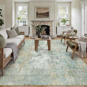 9x12 Area Rug Teal Beige Abstract Living Room Bedroom Washable Carpet Neutral Modern Non Slip Soft Low Pile Indoor Large Throw Rug for Dining Room Office