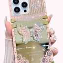 Cute Compatible with iPhone 16 Pro Case,Luxury Bling Butterfly with Foldable Stand Kickstand for Women Girls,Glossy Mirror Shockproof Protective Case for 16 Pro - 6.3(Pink)