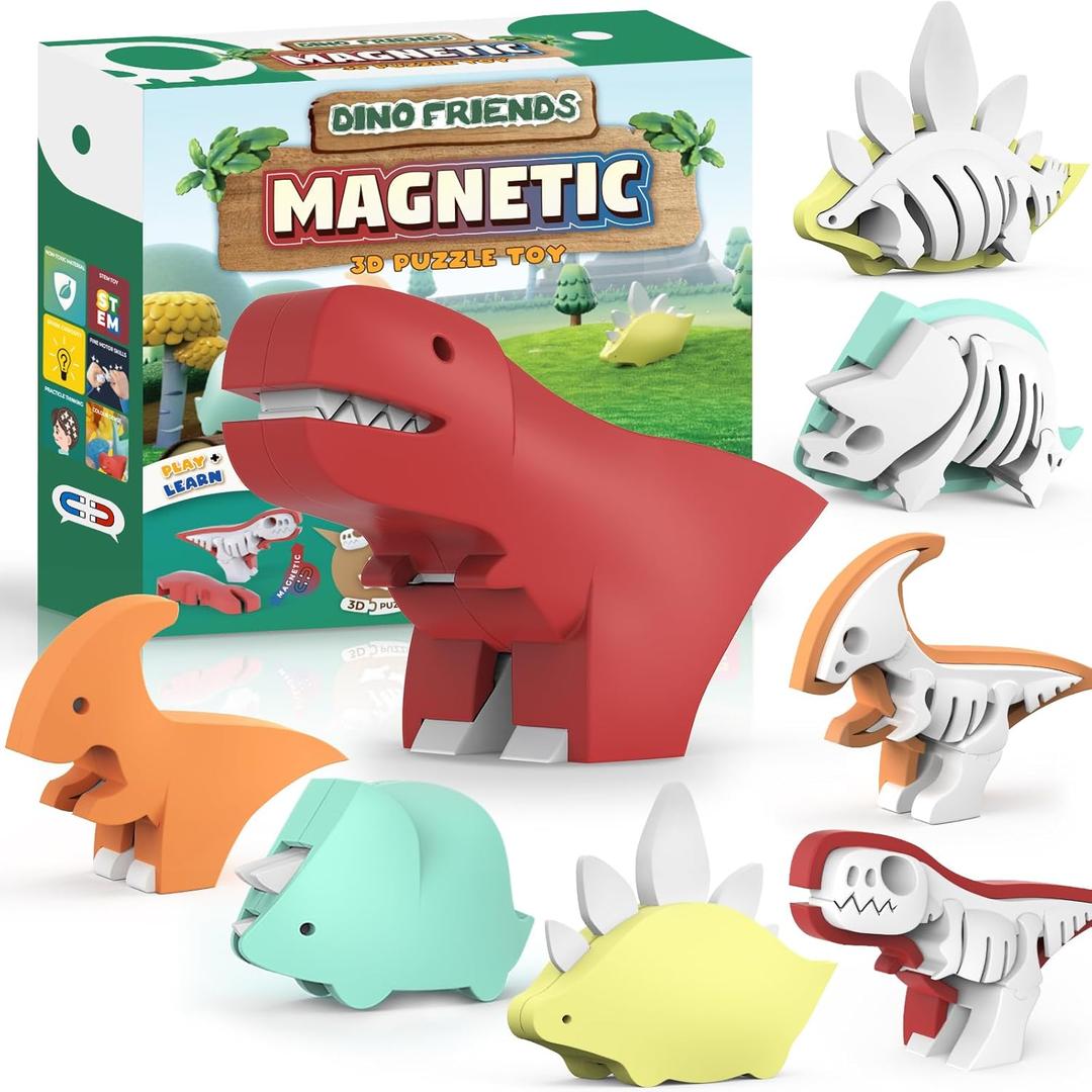 Magnetic Animal Building Toys, STEM Toddler Learning Toys 3D Puzzle Animals for Boys Girls, Educational Magnetic Travel Montessori Toy Lion Elephant, Unique Birthday Gift (Dinosaur Animals, Count, 4)