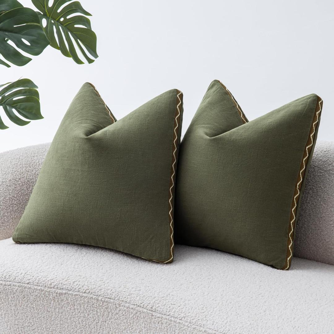 Olive Green Linen Cotton Throw Pillow Covers 18x18 Inch Set of 2, Modern Boho Aesthetic Accent Pillow Cases with Woven Flange for Couch Sofa Bed Room Earthy Tone Home Decor