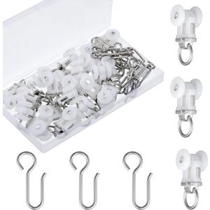 Barydat 40 Set Curtain Track Roller Hooks 0.59 inch Diameter Curtain Rail Ceiling Gliders Set Dual Wheel Roller Carriers for Ceiling Mounted Track with Stainless Steel Hooks