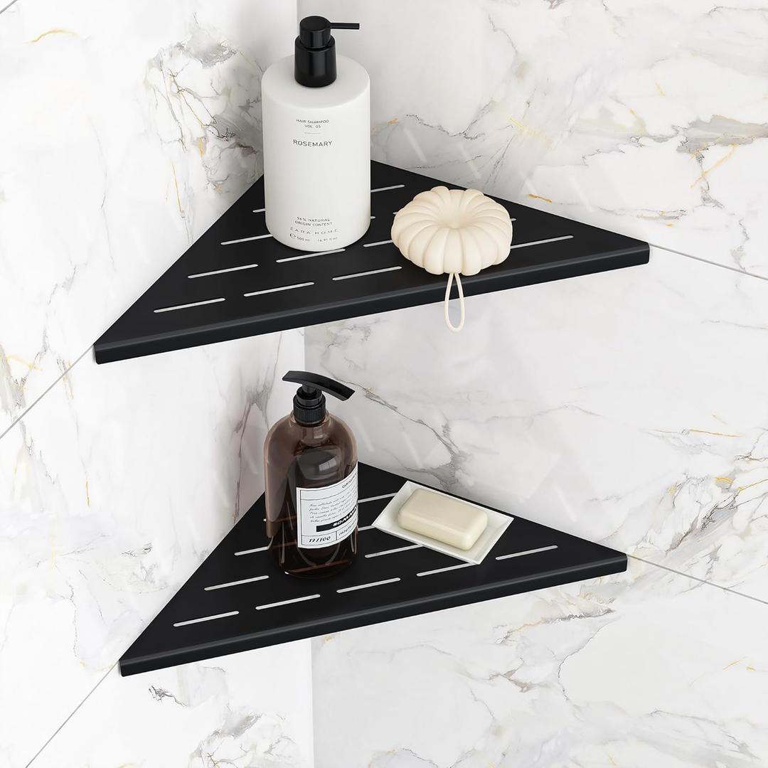 Corner Shower Shelves, 10 Recessed Tile Shower Shelf, 304 Stainless Steel Grout in Corner Tile Shower Shelves, No Drilling, Matte Black, Pack of 2