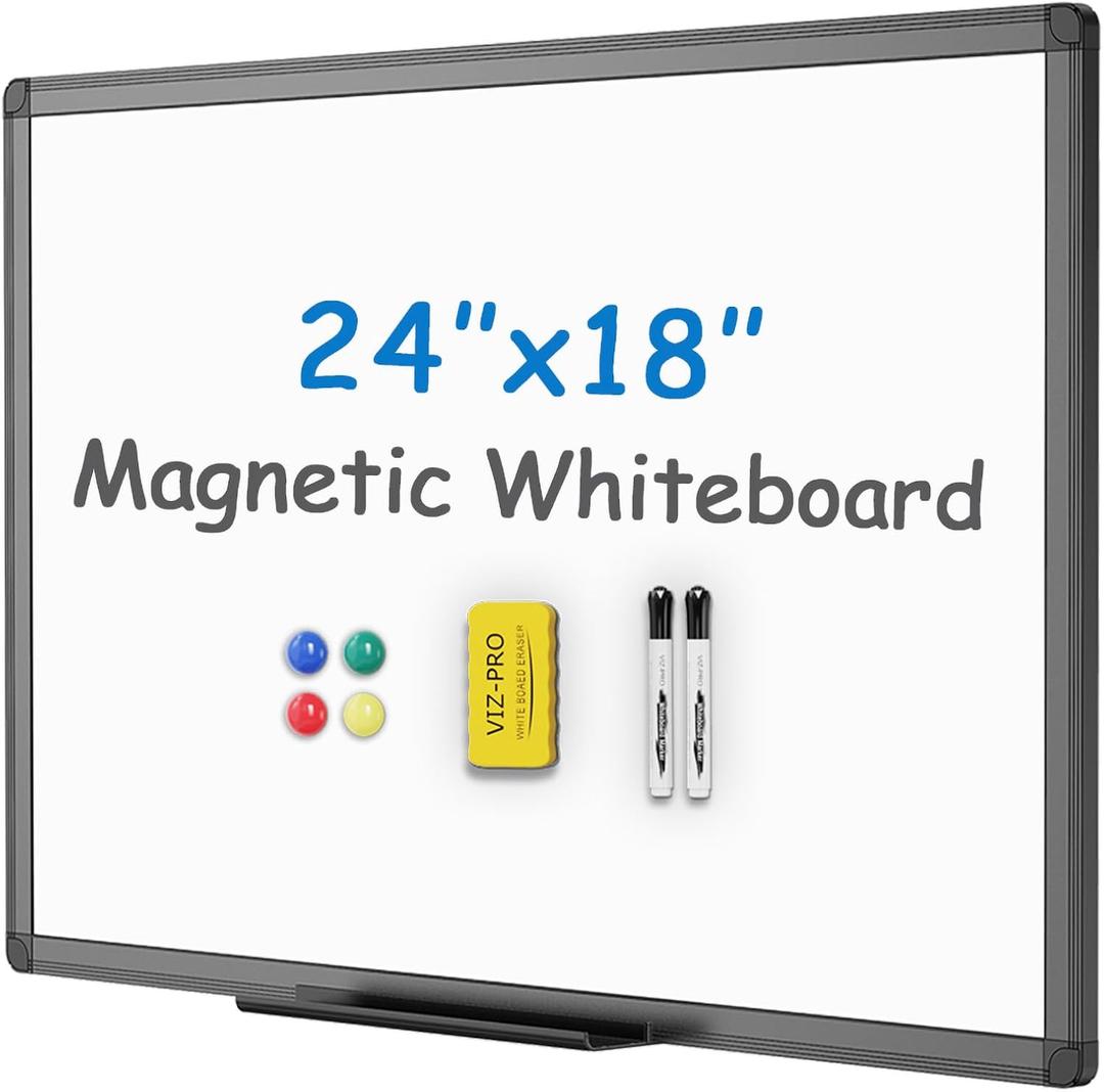 VIZ-PRO Magnetic Whiteboard/Dry Erase Board with Black Aluminium Frame, 24 X 18 Inches, Includes 1 Eraser & 2 Markers & 4 Magnets