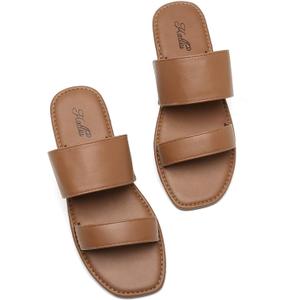 katliu Women's Flat Sandals Two Strap Slide Sandals Open Toe (7, Brown)