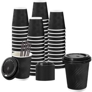 Lamosi 8 oz Disposable Coffee Cups with Lids, 50 Pack Insulated Hot Cups To Go Paper Coffee Cups with Lids and Straws, Corrugated Ripple Wall Cup for Hot Drink, Office, Coffee Bar (Black)