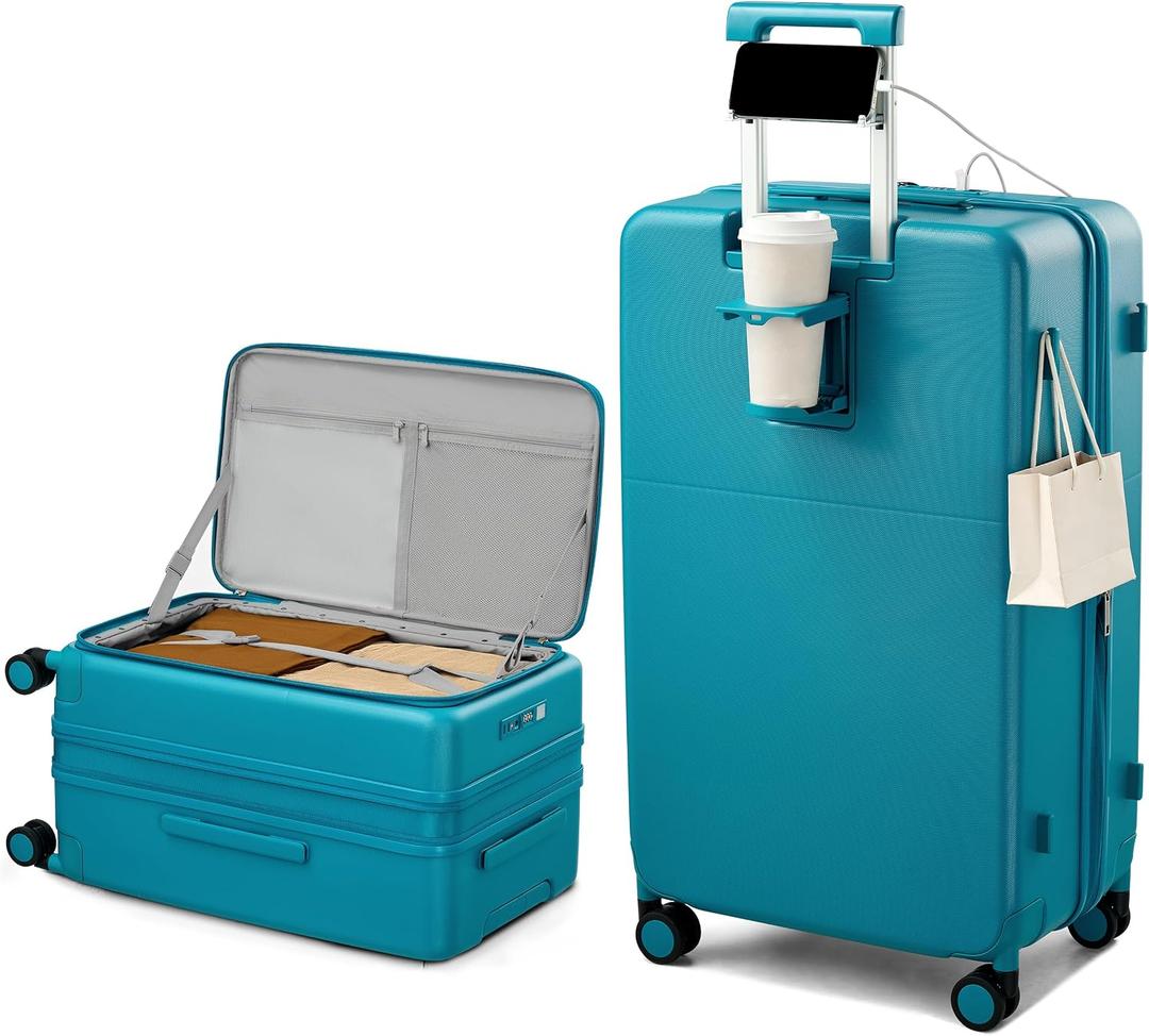 Hanke 28 Inch Expandable Checked Luggage, Large Trunk Luggage
Top Opening Hard Shell Suitcase with Cup Holder, USB Ports, 8 Spinner Wheels, TSA Lock, wet/dry pockets, Caribbean Blue