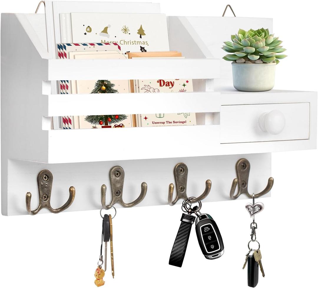 Key Holder Wall Mount, Wooden Adhesive Mail and Key Organizer with Drawer, Small Shelf, 8 Hooks, 2 Installation Methods, White