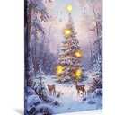 NIKKY HOME Christmas LED Lighted Wall Art, 16 x 12 Inch Canvas Prints Xmas Decor Light Up Deer and Xmas Tree Pictures, Winter Forest Snow Scene Indoor Holiday Decorations