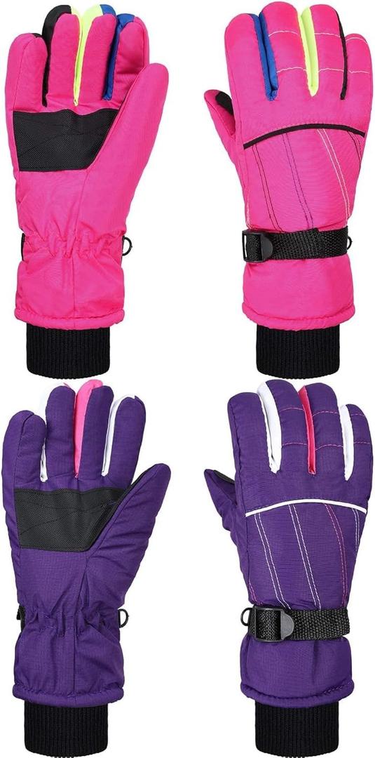 Hicarer 2 Pairs Kids Waterproof Winter Gloves Snow Gloves for Boys Girls Child Toddler Warm Ski Gloves for Cold Weather (3 - 6 Years, Purple and Pink)