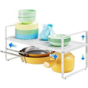 Expandable Cabinet Shelf Organizers, Kitchen Small Stand Rack Organization for Countertop Cupborad Pantry Desktop Spice Rack, White 1 Pack