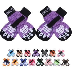 PUPTECK Anti-Slip Dog Socks with Double Sides Grips for Small Dogs Hardwood Floors Prevents Licking, Dog Shoes for Hot Pavement Traction Control Paw Protector for Senior Dogs (X-small (4 Count), Purple)