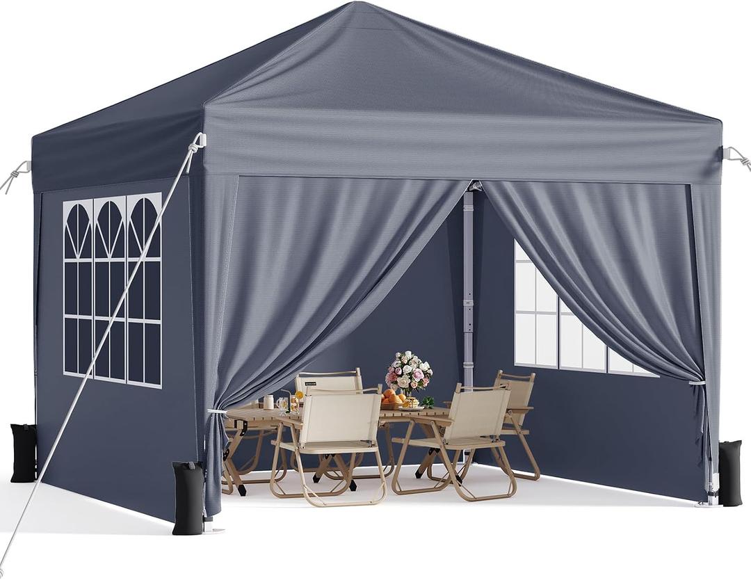 10x10 Pop Up Canopy with Sidewalls, Instant Portable Canopy Tent with Carry Bag for Commercial Events, Camping, Parties - Dark Grey