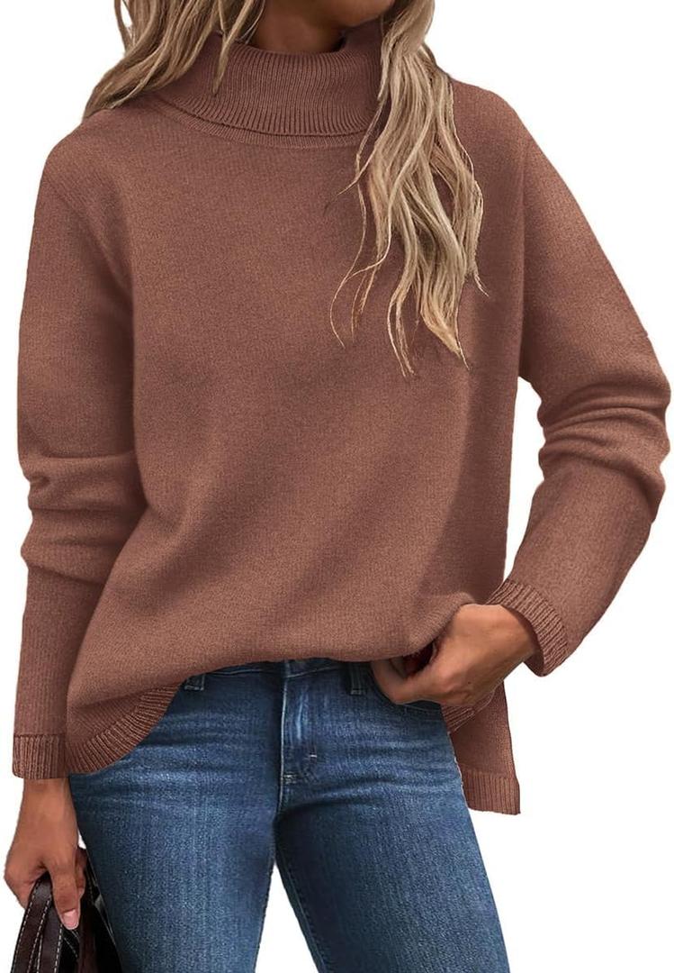 TIYOMI Plus Size Turtleneck Sweater for Women 2X Brown Mock Neck Tops Knit Nutmeg Sweater Long Sleeve Fall Winter Loose Fit Base Layer Shirts, 2XL
