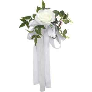 Fofetbfo Set of 10 Wedding Aisle Chair Decorations Silk Rose Chair Back Flowers with Ribbons Chairs Back Pew Flowers Arrangement for Wedding Ceremony Reception Decor (White/10Pcs)