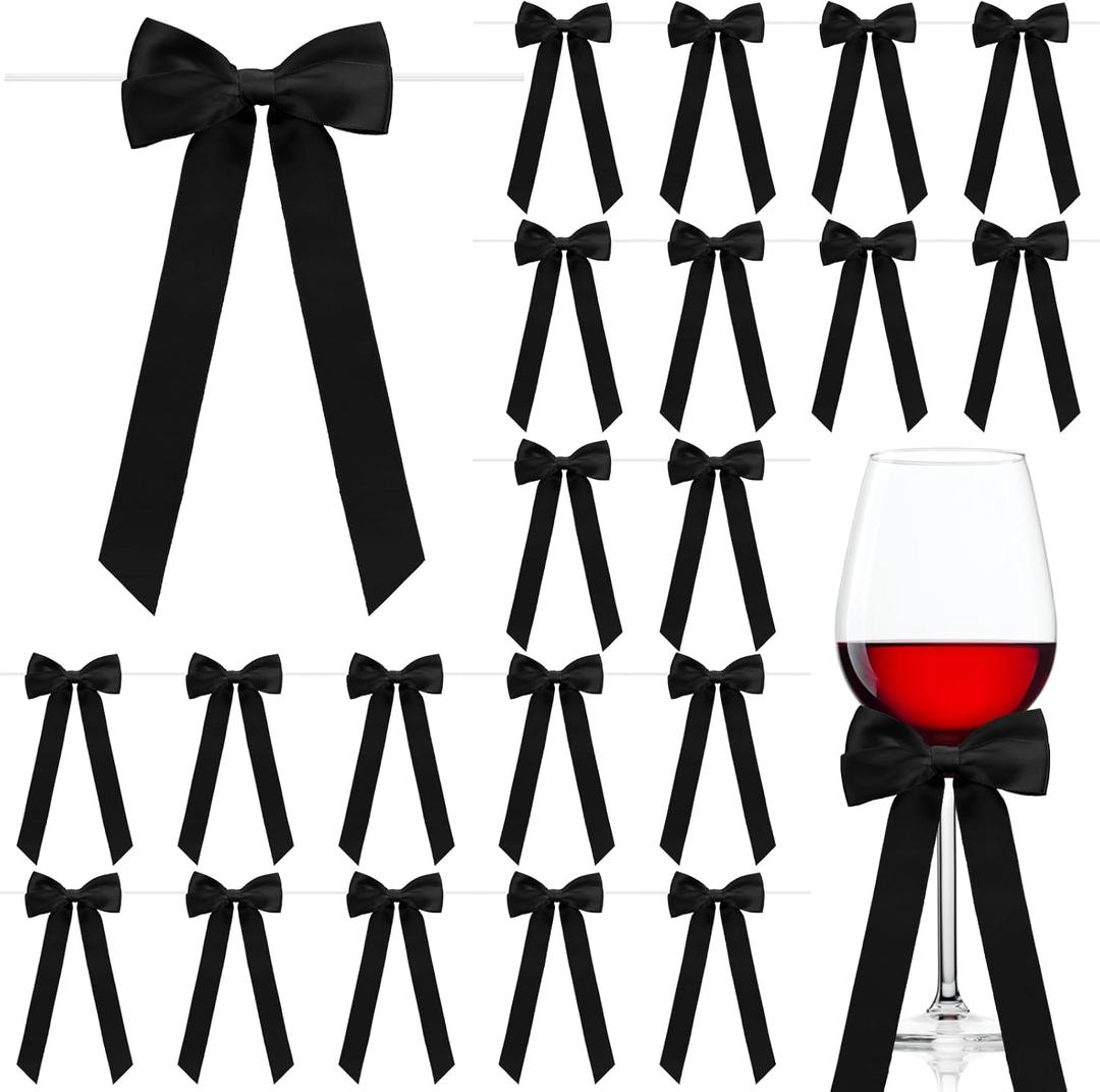Hoteam 24 Pcs Long Satin Twist Tie Bow, 3 x 8 Inch Ribbon Bow for Champagne Bottle Wine Glasses Candlestick Treat Bag Gift Wrapping Garland DIY Craft Wedding Birthday Shower Party Decoration(Black)