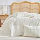 WARMDERN Linen Cotton Quilts Set King Size, 100% Cotton White Quilt Bedspreads with Box Stitched, 3 Pieces Soft Lightweight Bedspreads Coverlet with 2 Pillow Shams for All Season, Cream White, 106x96