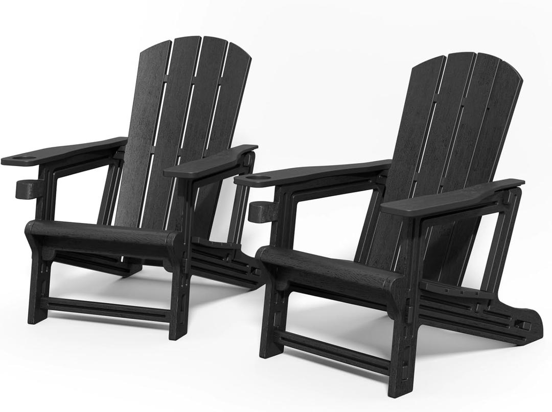 Adirondack Chairs Set of 2, Plastic Patio Chair with Cup Holder, Outdoor Funiture for Backyard Garden Lawn Beach, 400 LBS Capacity, Black